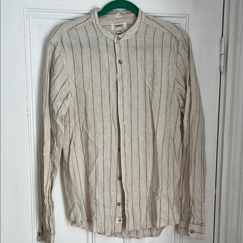 Pull&Bear Cream and Black Mens Casual Button up Shirt with Banded Collar